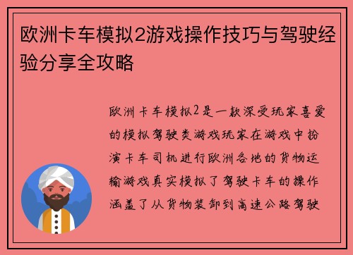 欧洲卡车模拟2游戏操作技巧与驾驶经验分享全攻略